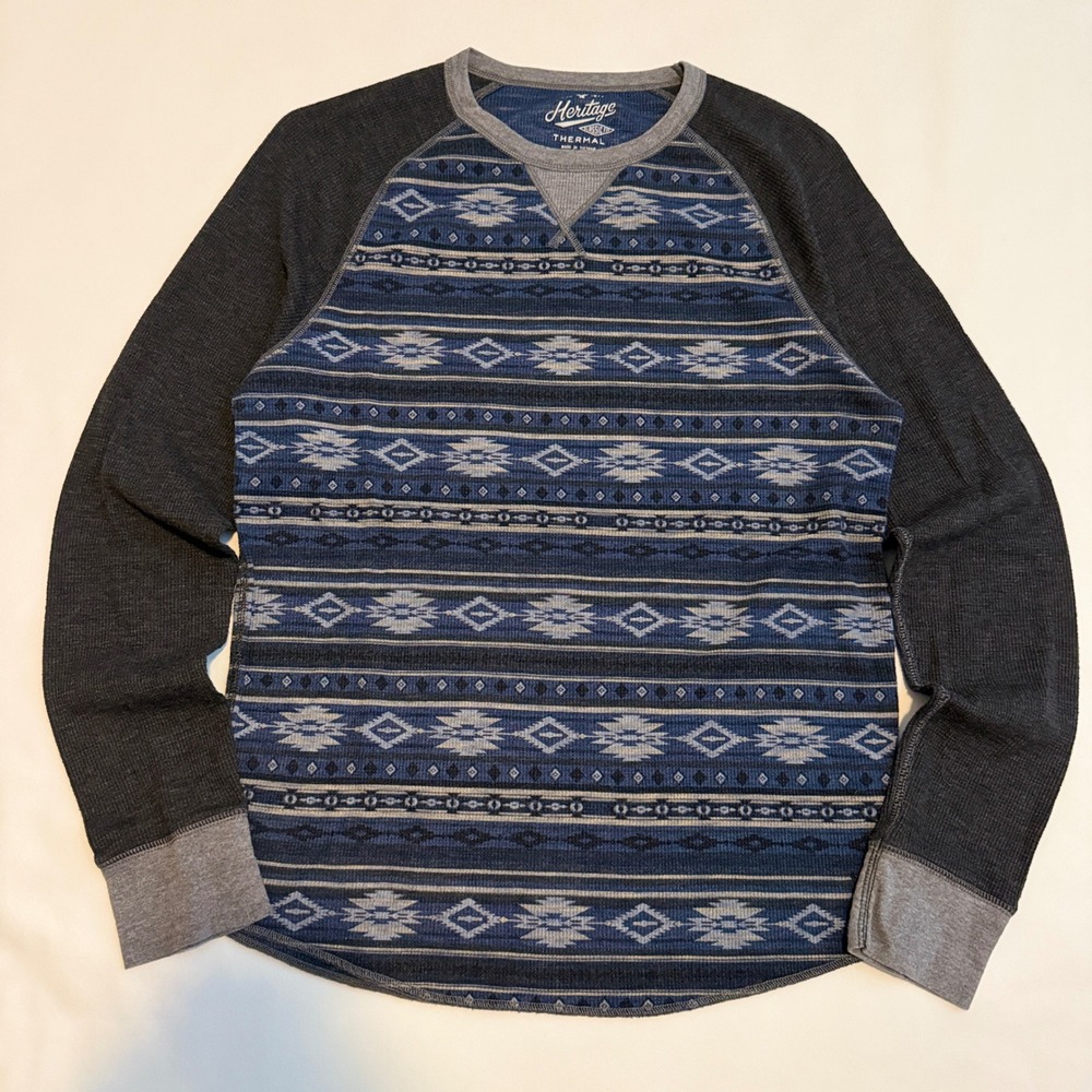 American Eagle Thermal Shirt Mens Medium Blue Southwestern Raglan Waffle Knit